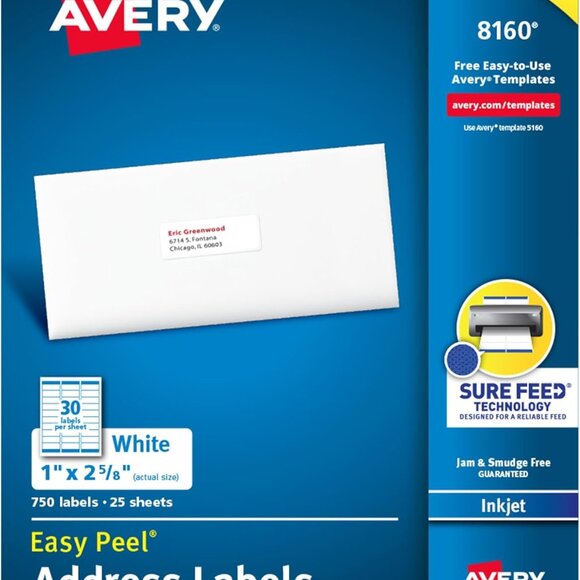 NWT Avery Easy Peel Printable Address Labels w/Sure Feed 1" x 2-5/8" White 750 - Picture 1 of 1